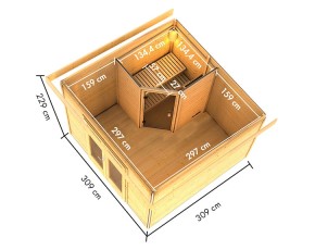 Karibu Gartensauna Mainburg 1 0 + Vorraum + 2 Liegen - 38mm Saunahaus - Pultdach - natur