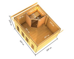 Karibu Gartensauna Mainburg 2 0 + Vorraum + 2 Liegen + 9kW Saunaofen + externe Steuerung - 38mm Saunahaus - Pultdach - natur