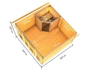 Karibu Gartensauna Mainburg 3 0 + Vorraum + 2 Liegen + 9kW Bio-Kombiofen + externe Steuerung - 38mm Saunahaus - Pultdach - natur