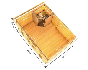 Karibu Gartensauna Mainburg 4 0 + Vorraum + 2 Liegen + 9kW Bio-Kombiofen + externe Steuerung - 38mm Saunahaus - Pultdach - natur