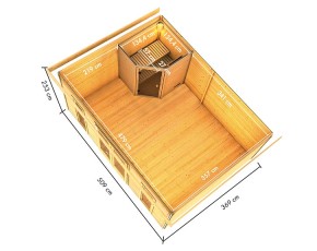 Karibu Gartensauna Mainburg 5 0 + Vorraum + 2 Liegen - 38mm Saunahaus - Pultdach - natur