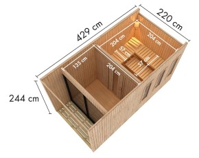 Karibu Gartensauna Miramar + Vorraum + 9kW Saunaofen + externe Steuerung - 73mm Saunahaus - Flachdach - natur