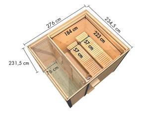 Karibu Gartensauna Ares 2 + 9kW Saunaofen + externe Steuerung - 38mm Hybrid-Saunahaus - Flachdach - natur/weiß