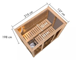 Karibu Innensauna Irava 3 + Glasfront + Superior-Ausstattung + 3,6kW Plug&Play Bio-Kombiofen + externe Steuerung - 68mm Systemsauna