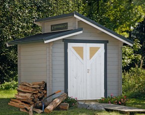 Finnhaus Wolff Holz-Gartenhaus Birte 2722 40 mit Dreieckglastür - 40mm Blockbohlenhaus - Geräteschuppen - Stufendach - natur