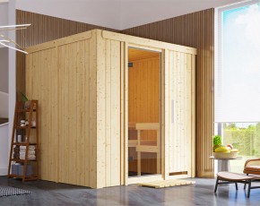 Garten-Freunde-Deal - Karibu Innensauna Auri 2 + 9kW Saunaofen + externe Steuerung - 68mm Elementsauna - Ganzglastür klar