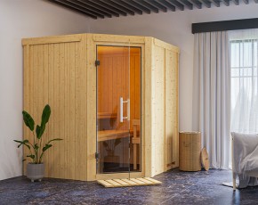 Garten-Freunde-Deal - Karibu Innensauna Auri 3 + 9kW Bio-Kombiofen + WIFI Steuerung - 68mm Systemsauna - Ecksauna - Ganzglastür klar