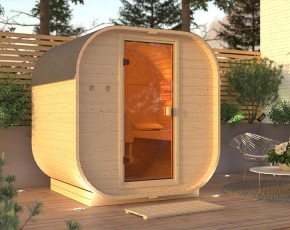 KARIBU FREUNDE DEAL Fasssauna Gardenfriends Quadro + 9kW Saunaofen + Steuerung Classic - 38mm Fassauna - Tonnendach - natur