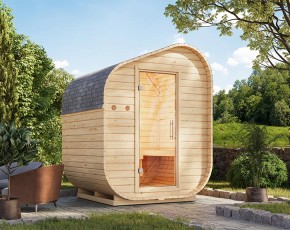 KARIBU FREUNDE DEAL Fasssauna Gardenfriends Asymmetrisch + 9kW Saunaofen + Steuerung Classic - 38mm Fassauna - Tonnendach - natur