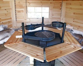 Finnhaus Wolff Grillkota Jesse 3833 45 + Grillanlage + Dachschindeln schwarz - 45mm Elementhaus - betongrau