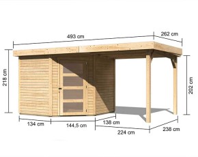 Karibu Holz-Gartenhaus Schwandorf 5 + 2,4m Anbaudach - 19mm Elementhaus - 5-Eck-Gartenhaus - Flachdach - natur