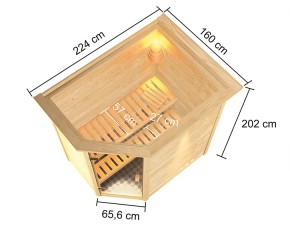 Karibu Innensauna Svea + Dachkranz - 38mm Blockbohlensauna - Ganzglastür klar - Ecksauna