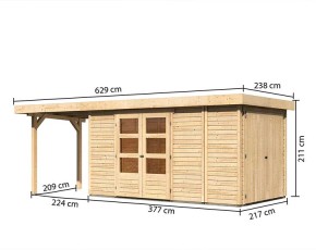 Karibu Holz-Gartenhaus Retola 5 + Anbauschrank + 2,4m Anbaudach - 19mm Elementhaus - Flachdach - natur