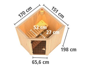 Karibu Innensauna Tonja + 3,6kW Plug&Play Saunaofen + externe Steuerung Easy - 68mm Elementsauna - Ganzglastür klar - Ecksauna - 230V Sauna